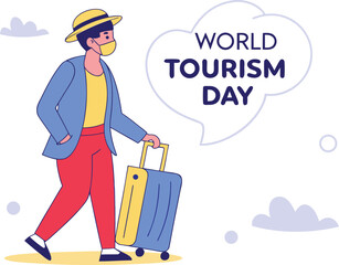 Person wearing mask and hat pulling suitcase yellow blue