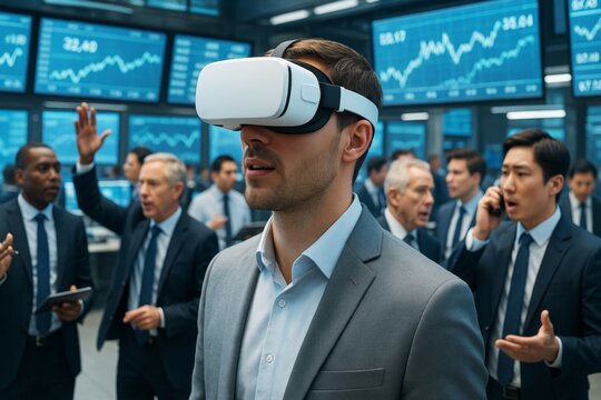 Businessman in VR headset explores financial data in stock market environment filled with trading activity and digital charts on background screens. Ai generative