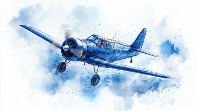 Vintage blue airplane in flight with watercolor effect for aviation enthusiasts and art lovers. National Aviation Day