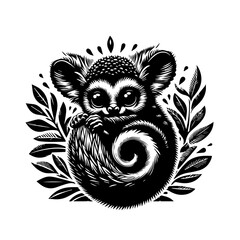 Adorable Lemur Illustration with Swirling Tail and Leaves.