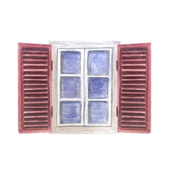 A white-framed window with red open shutters and blue glass panes. Watercolor illustration isolated on white. Perfect for Mediterranean architecture scenes, travel themes, cozy home compositions © Ekaterina
