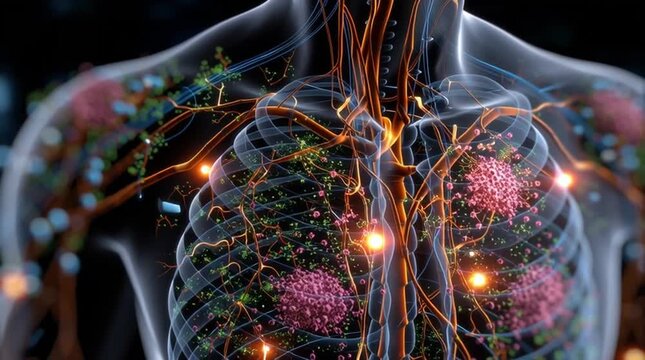 Lymphoma. 3D visualization of lymphatic system and swollen lymph nodes in chest.