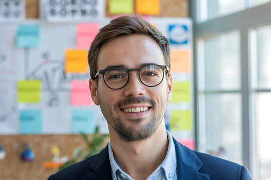 Smiling confident young businessman in suit and glasses looking professional