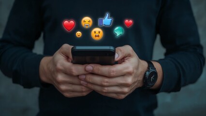 Person holding a smartphone with social media emojis floating above