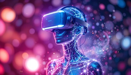 Virtual reality headset on a mannequin with glowing network and bokeh background in pink and blue tones