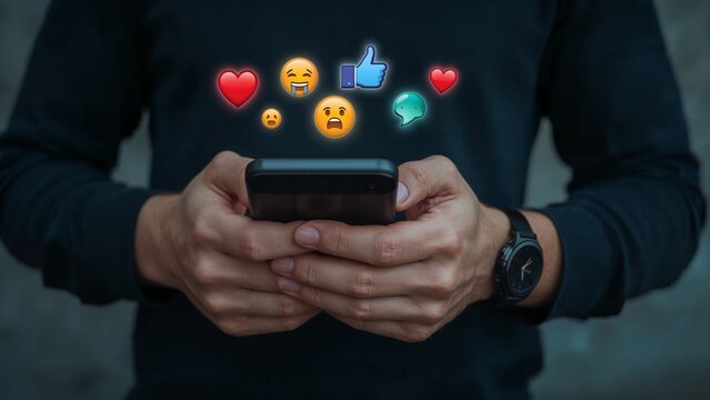 Person holding a smartphone with social media emojis floating above