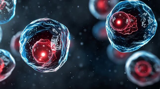 Lymphoma. Cancer cells under microscope with glowing nuclei and detailed structures.