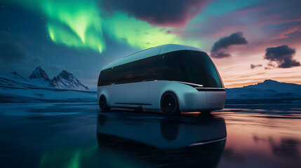Futuristic electric van on smooth ice, among snow-capped rocks and under the northern lights