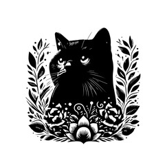 Black Cat Surrounded by Floral Ornate Design.