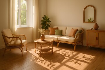 Cozy and Inviting Living Room with Natural Light and Rattan Furniture Featuring Minimalist Decor and Soft Color Palette