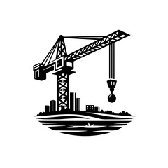 Construction Crane Over City Skyline Silhouette.