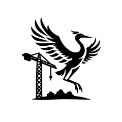 Crane Bird Flying Near Construction Crane.