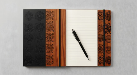 Elegant open journal with lined pages alongside a sleek pen and intricate decorative wooden accents