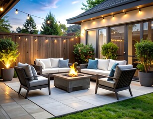 Modern patio with fire pit, seating, and string lights