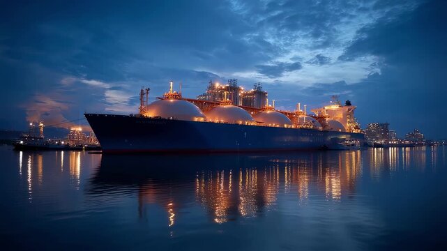 Large lng tanker moored at an industrial port, showcasing a dramatic sky at dusk. The tranquil water reflects the vibrant colors of the evening clouds, creating a captivating scene