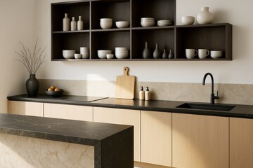 Modern minimalist kitchen interior with wooden cabinets, black countertop, ceramic decor, and open shelving in natural light setting.