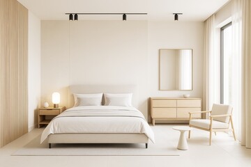 Minimalist modern bedroom interior with white and beige decor, natural light, wooden furniture, and clean architecture in neutral tones.