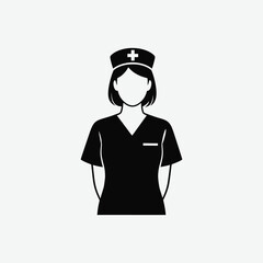 Simple black and white nurse icon: young woman in scrubs and cap, minimalistic medical symbol, centered and professional profile silhouette.