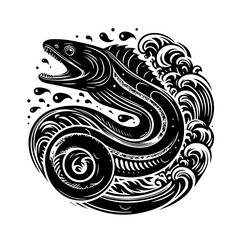 Fierce Moray Eel Swirling in Stylized Waves.