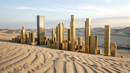 Golden skyscrapers rise from sand dunes under a clear sky desert city