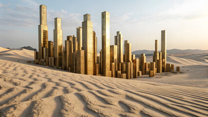 Golden Skyscraper City Sculpture in a Sandy Desert Landscape skyscrapers buildings