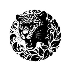 Fierce Leopard Head with Floral Ornate Design.