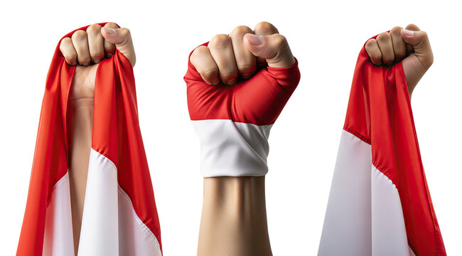 set of Celebrating Indonesian Independence Day or national day, featuring hand holding and grabbing the Indonesian flag, transparent Background.