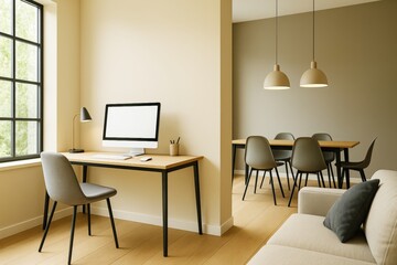 Fototapeta premium Modern minimalist interior with home office and dining area in neutral tones and natural light, emphasizing contemporary decor and clean lines.