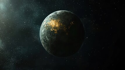 Obraz premium A cosmic view of a distant planet with glowing lights, orbiting in a dark nebula filled with distant stars.