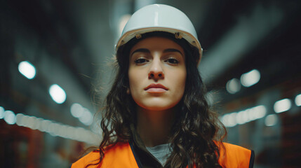 Woman with an orange safety vest, looking at the camera. She wears a white hard hat. Inside a large warehouse.