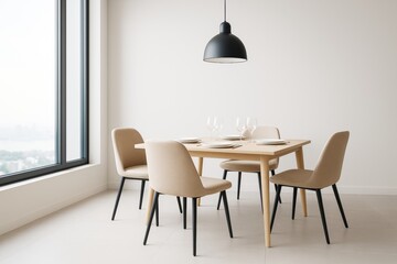 Modern dining room with minimalist decor featuring beige chairs, wooden table, pendant light and large window in contemporary apartment interior.
