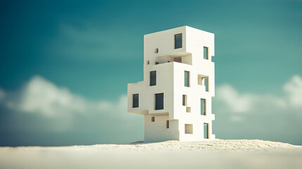 Modern white building on a sandy surface against a blue sky with clouds.