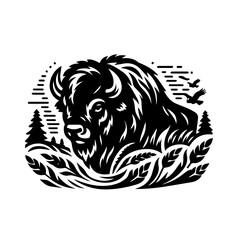 Majestic Bison Head in Stylized Wilderness Scene.