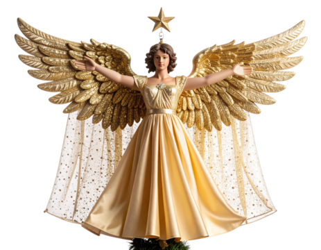 Golden Angel Tree Topper with Flowing Gown PNG