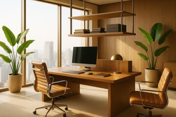 Modern executive office interior with wood furniture, leather chairs, large windows, and indoor plants in a bright high-rise setting.