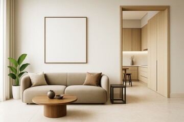 Modern minimalist living room interior with beige sofa, wooden coffee table, mockup frame and open kitchen in neutral tones. Ai generative.
