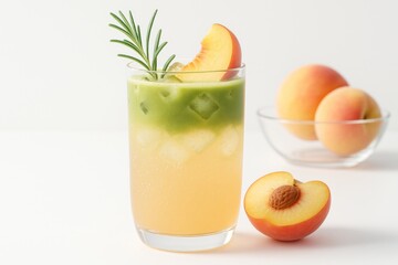 Refreshing peach and matcha iced drink with garnishes on white background, featuring light colors and creative beverage styling. Ai generative