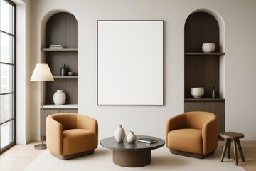 Modern cozy living room interior with blank wall frame, armchairs, and minimal decor for branding mockup or design concept presentation.