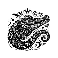 Ornate Black and White Alligator Head Design.