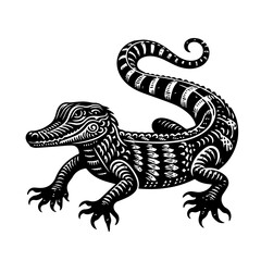 Ornate Black and White Crocodile Illustration.