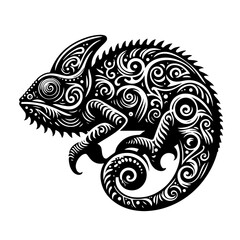 Ornate Black and White Chameleon Silhouette with Swirls.