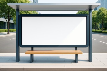 Fototapeta premium Blank billboard at modern bus stop on empty urban street with trees and buildings in daylight, ideal for outdoor advertising mockup template.