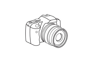 Simple Line Drawing of a Digital SLR Camera with a Lens Perfect for Coloring Books or Educational Materials on Photography Equipment