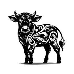 Ornate Black Bull with Swirling Decorative Patterns.