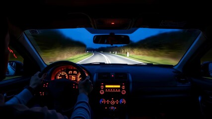 Man driving a car at night on a dark country road, first person view road trip footage. - Powered by Adobe