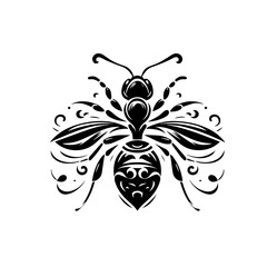 Ornate Black Wasp Silhouette with Swirling Ornaments.