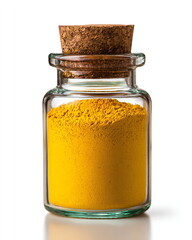 glass spice jar with cork, filled with turmeric, isolated on white