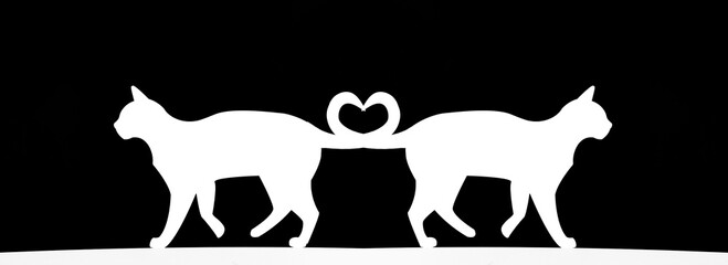 2 two Couple of cats pussycats silhouette illustration collection. white silhouette isolated on a black background showing  cat walking pose. ideal for pet themed designs Tails in the form of heart