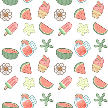 Cute Refreshing Summer Watermelon Theme Seamless Pattern - Flower, Ice-cream, Fruit, Drinks, Starfish Element with Transparent Background