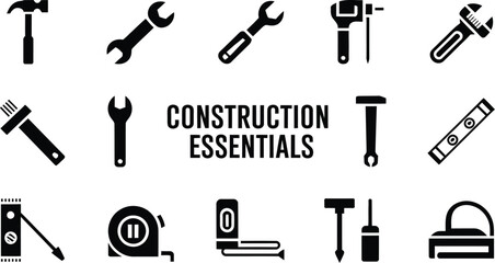 Obraz premium A collection of black construction tool icons arranged on a light gray background
